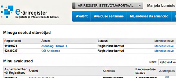 Ettevõtte firma aadressi muutmine. Esimese sammuna vali soovitud ettevõte.