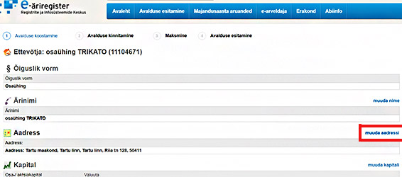 Ettevõtte firma muutmine kolmas samm. Vali aadressi muutmine.